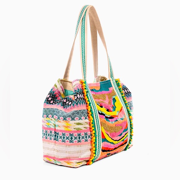 america & beyond Handbags - ☀️ America & Beyond DAPHNE EMBELLISHED MULTI-COLORED HAND BEADED TOTE boho
